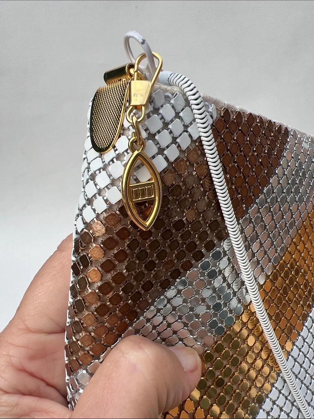 Vintage Warren Reed evening bag with diagonal stripe pattern metallic mesh